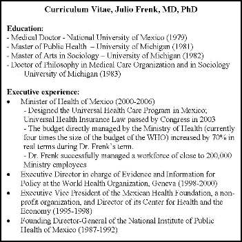 curriculum vitae of Dr. Julio Frenk