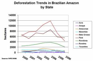 Deforestation Trends in Brazilian Amazon by State (click to enlarge)