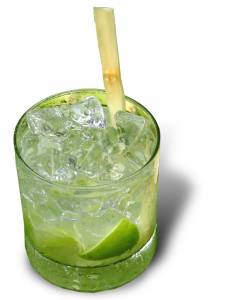 Studio photo of a caipirinha with a sugar cane swizzle stick taken December 2006 using a Cannon PowerShot S2 IS 5.0 camera. Created by David Catania